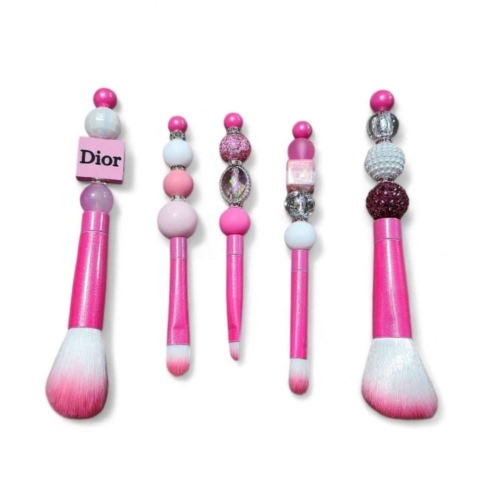 Fashion Beauty Makeup 5 Piece Brush Set Fancy Custom Beaded Pink Fuchsia